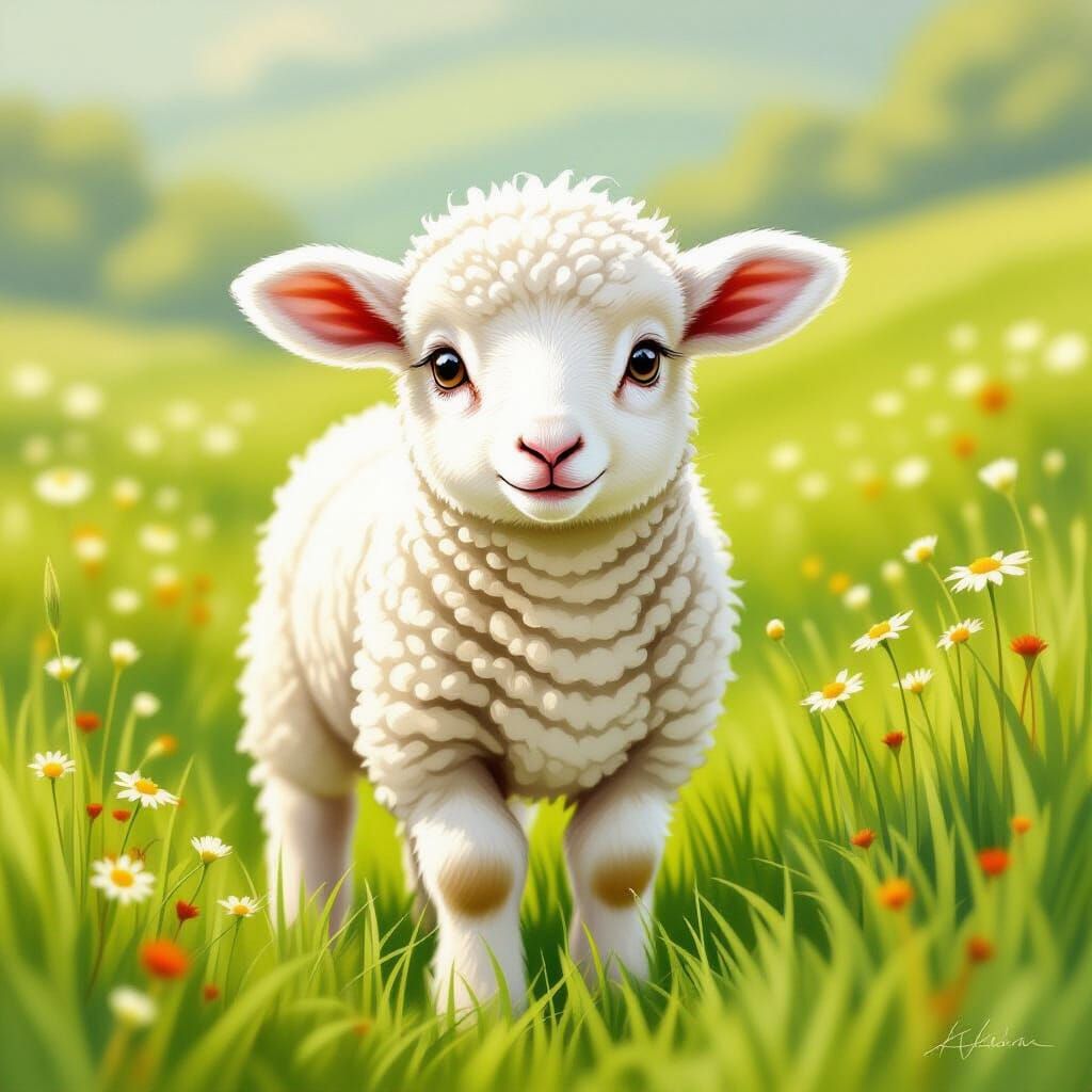 Charming Lamb in Meadow, Classic Illustration Style