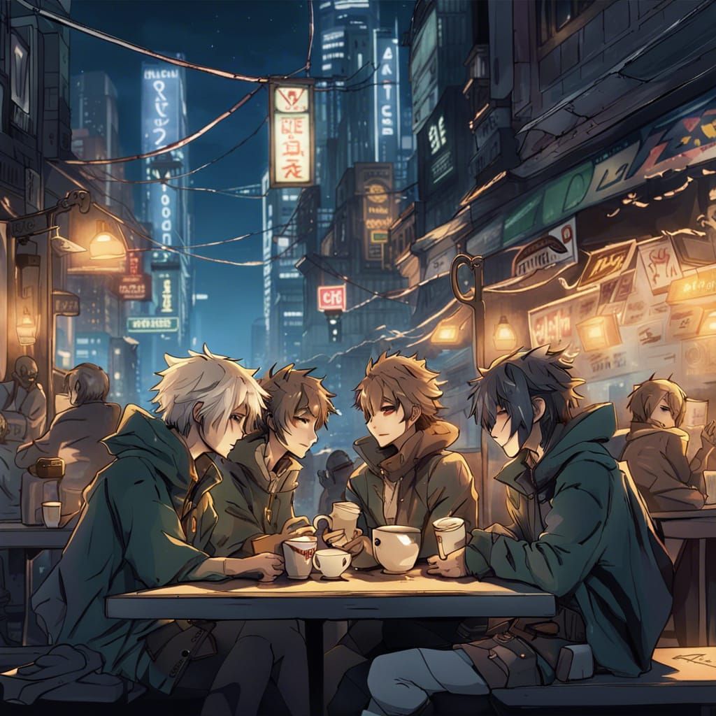 Cyberpunk Hobbit Tea Party in Anime Style