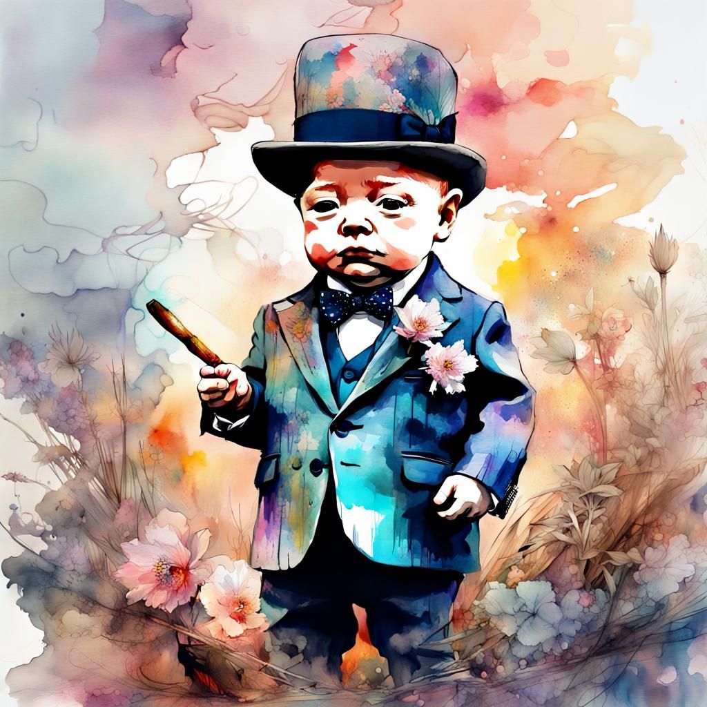 Chibi Winston Churchill in Watercolor Sunset