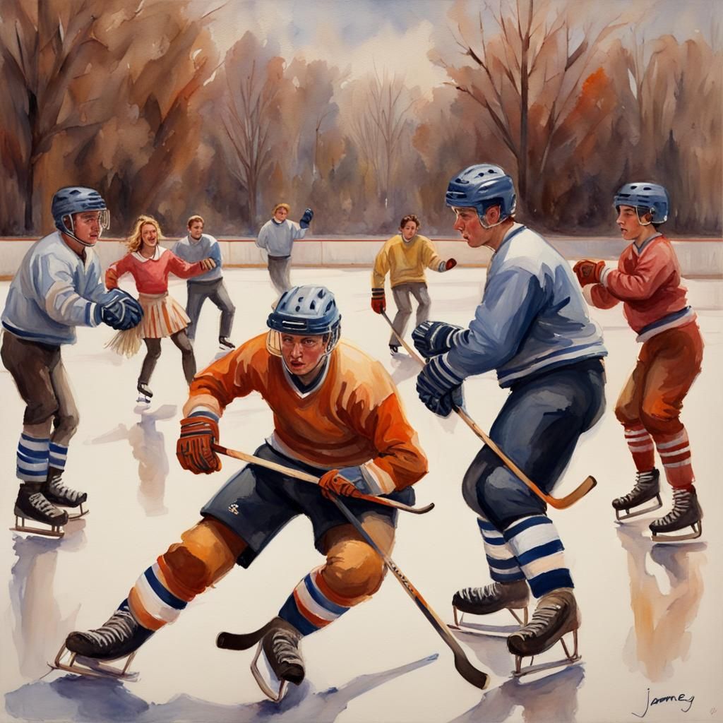 Watercolor Ice Hockey Players and Cheerleaders