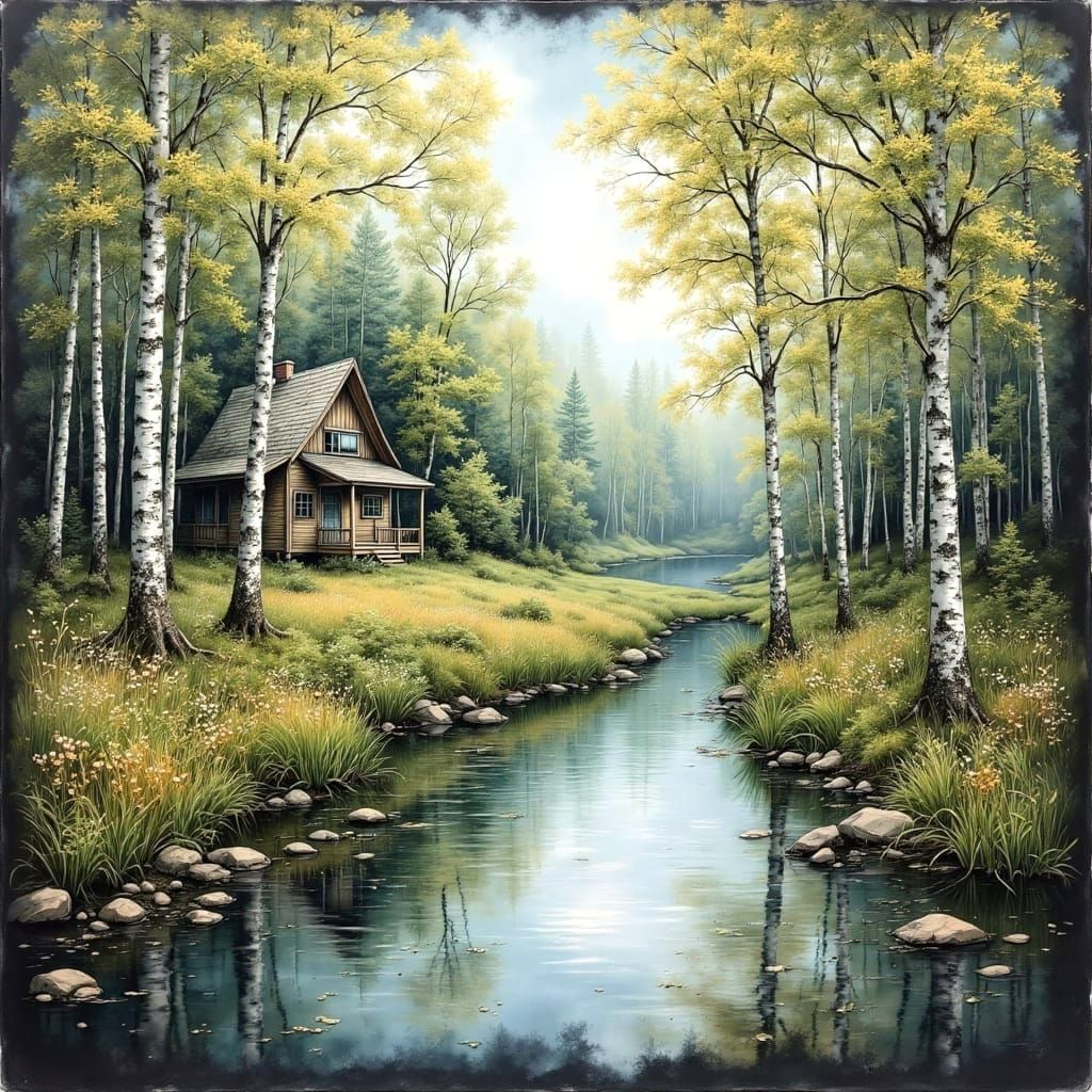 Silver Birch Forest and Cabin in Gritty Watercolor