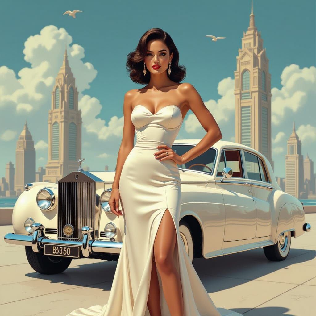 Glamorous Woman Poses with Rolls-Royce in Surreal Cityscape