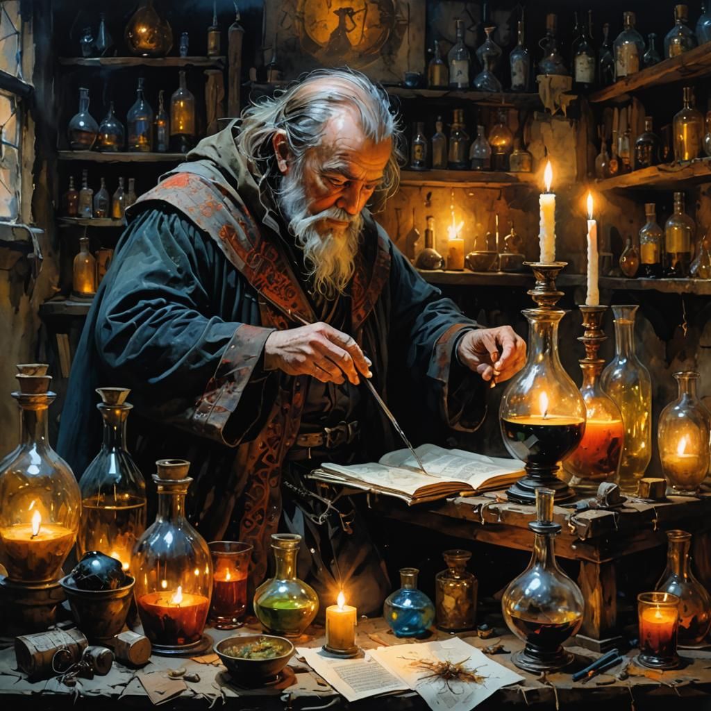 Medieval Alchemist's Candlelit Study in Alcohol Ink Style