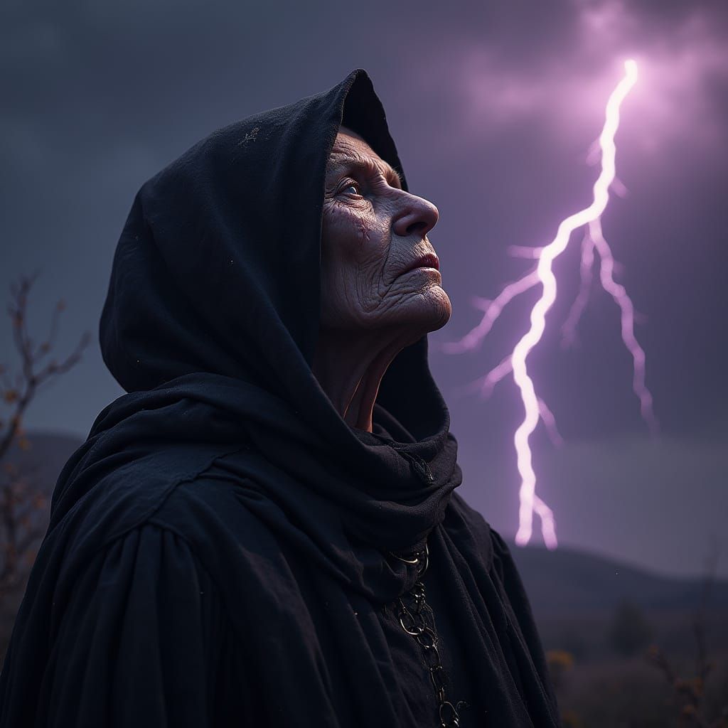 Hag Gazing at Lightning Storm in Dark Fantasy Style