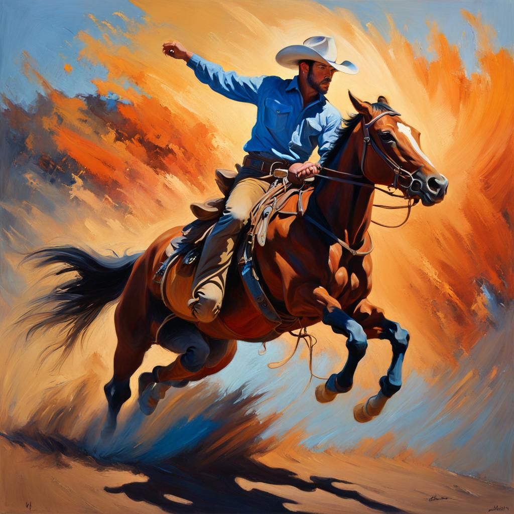 Cowboy Rodeo Ride as Impressionistic Oil Painting