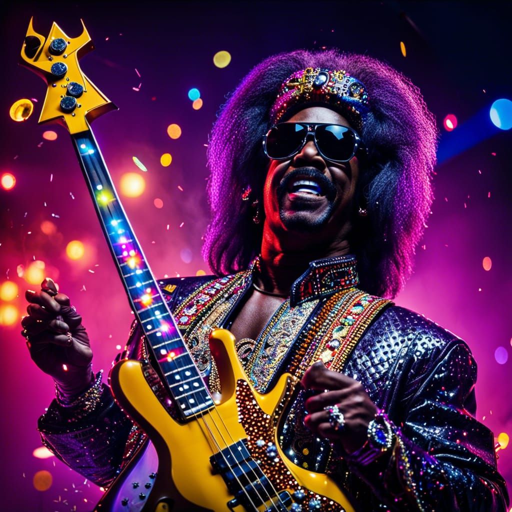 Bootsy Collins wearing Star Sunglasses playing a star-shaped bass guitar on stage, lights, fog, confetti, vivid colors, ...