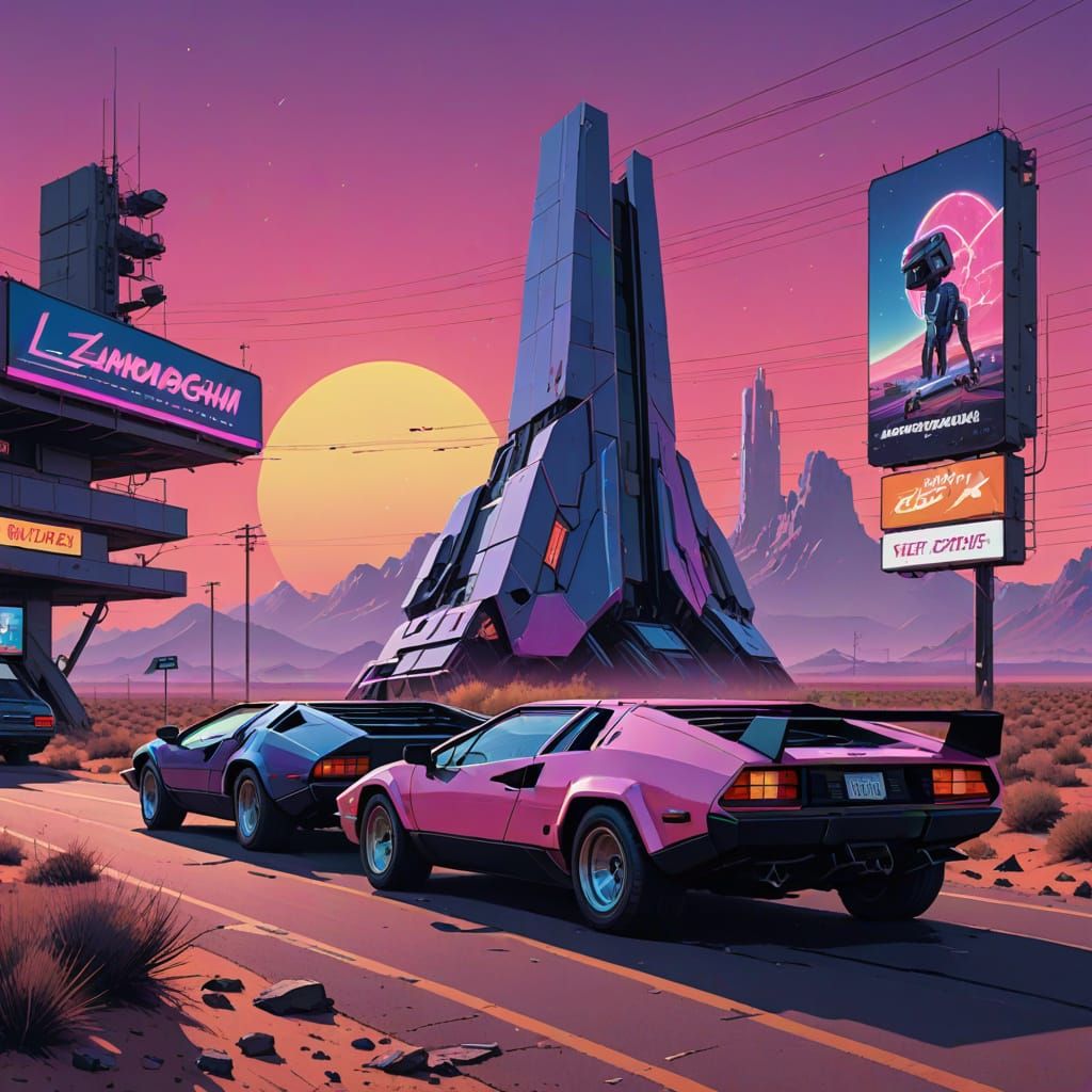 Retro-Futuristic Desert Highway in Synthwave Style