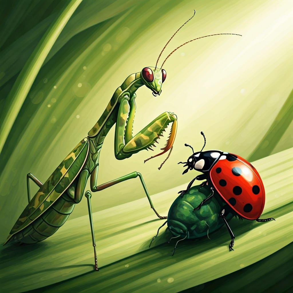 Camouflaged Mantis and Ladybug Hunting Aphid