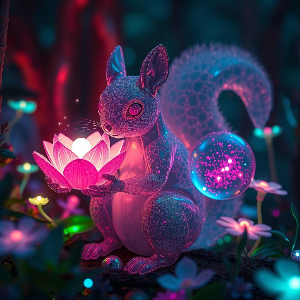 Glass Squirrel Sculpture in Neon-Noir Forest