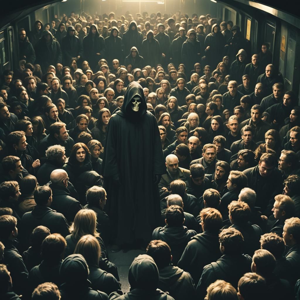 Grim Reaper on Crowded Metro: Cinematic Film Still