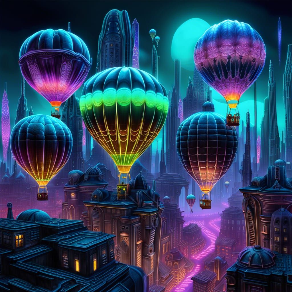 Bioluminescent Balloons Over Alien Cybercore City