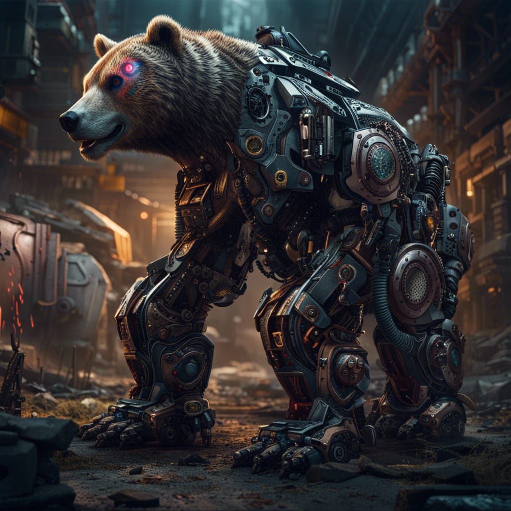 Robotic Mech Bear in a Warzone: Detailed Matte Painting