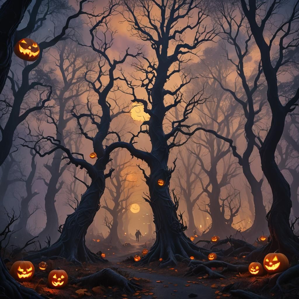 Eerie Halloween: Dark Fantasy Forest at Dusk