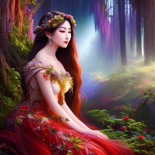 Woodland Goddess in Red Satin: Hyperdetailed Portrait
