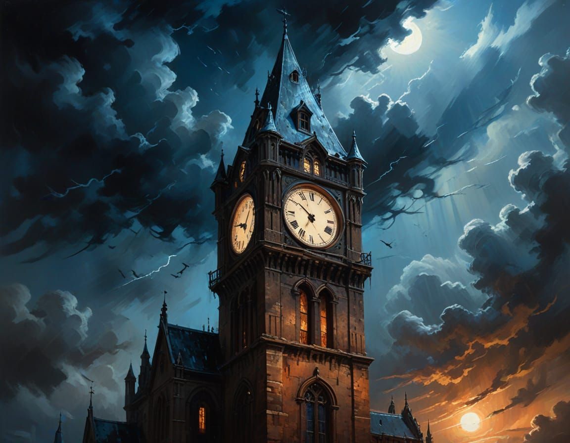Ethereal Clock Tower Ascends from Turbulent, Moonlit Skies i...
