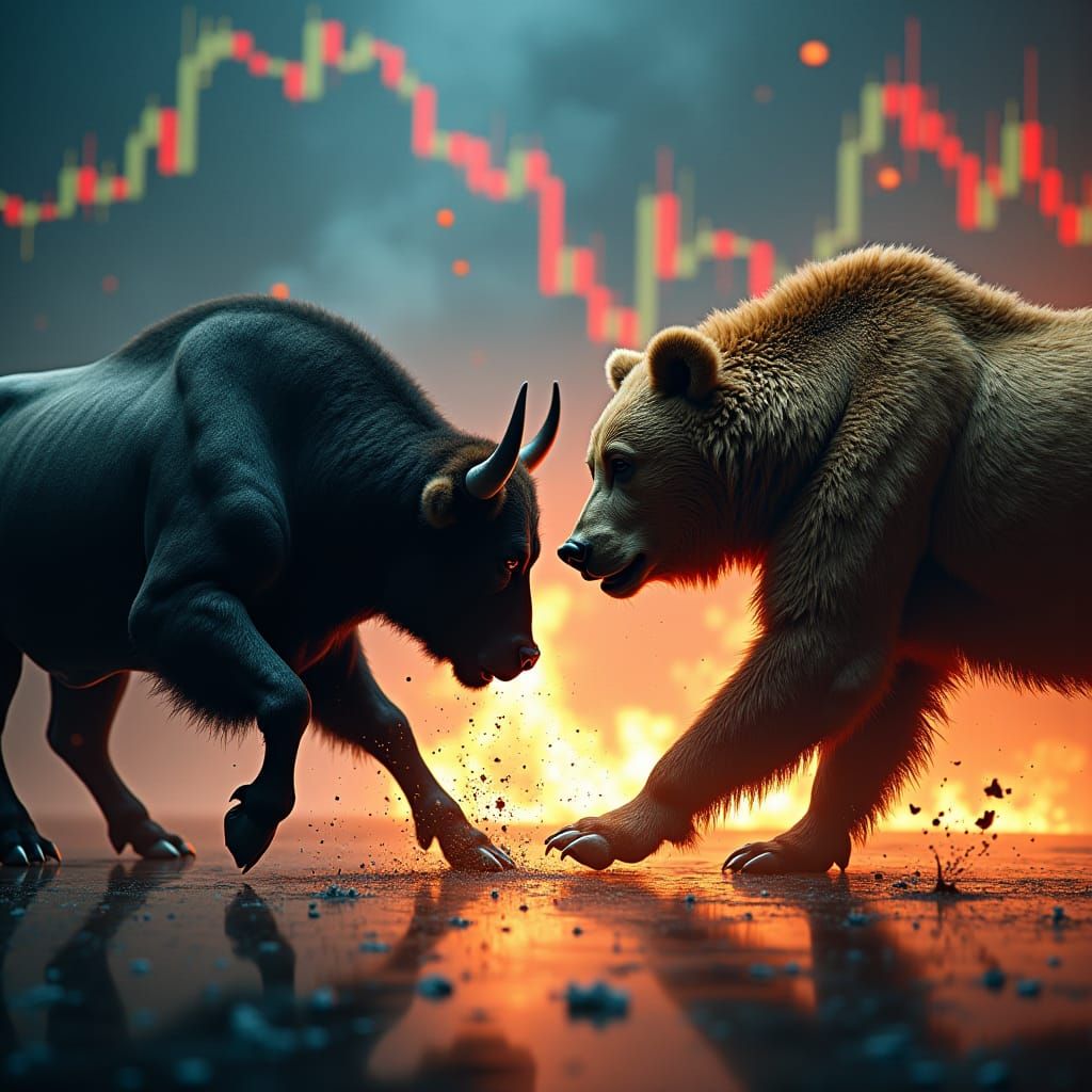 Bull and Bear Clash on Forex Chart in Film Style