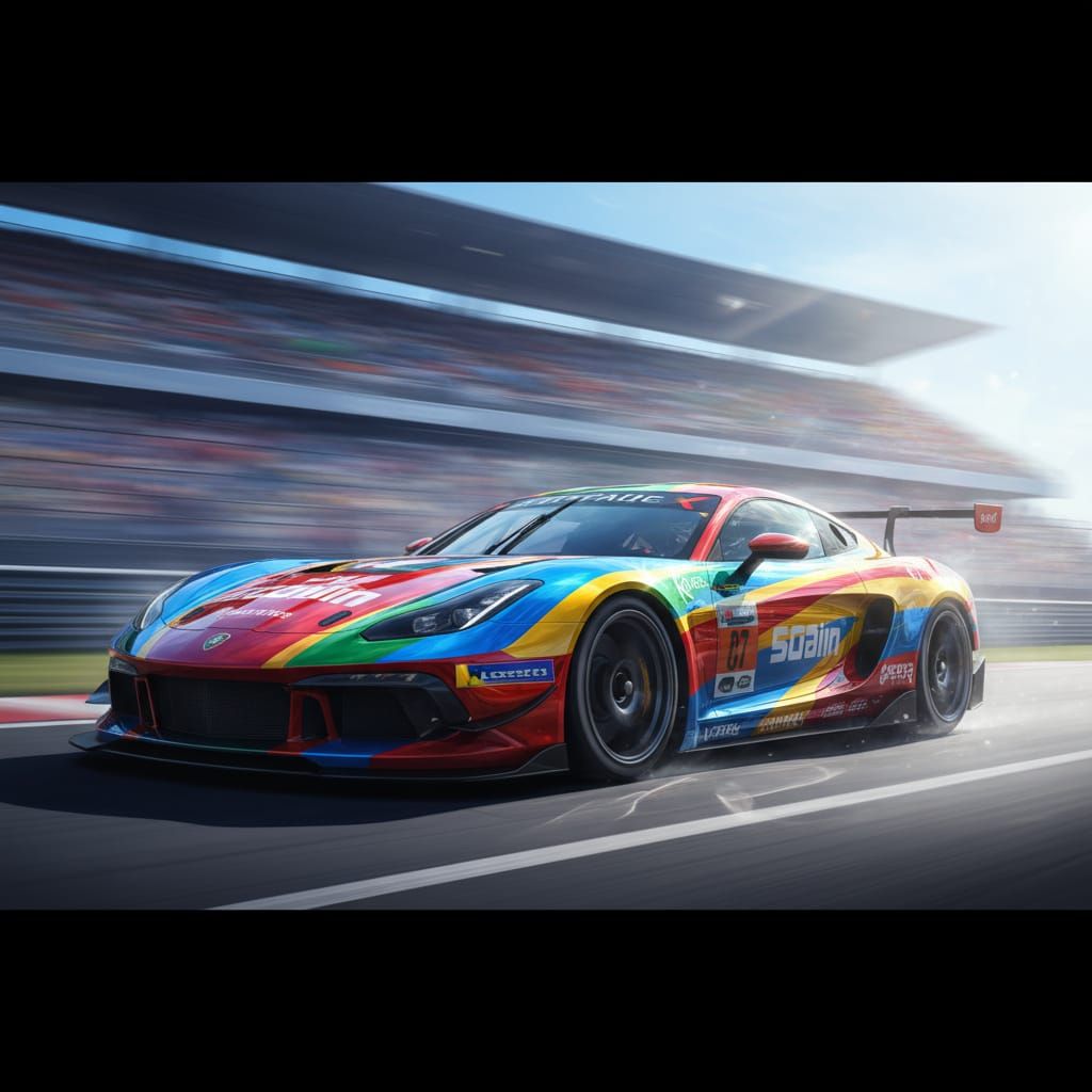 Vivid Racing Car Speeds on Track in Hyperrealistic HDR Photo