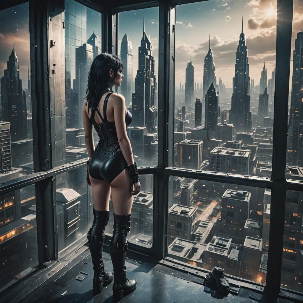 Goth Girl Gazing at Cyberpunk Cityscape