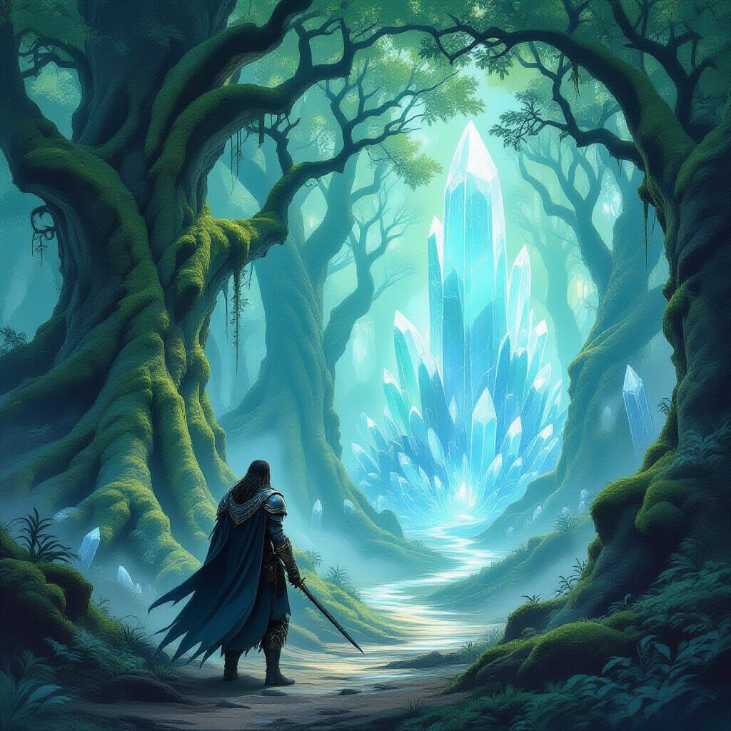 Warrior at Edge of Bioluminescent Forest