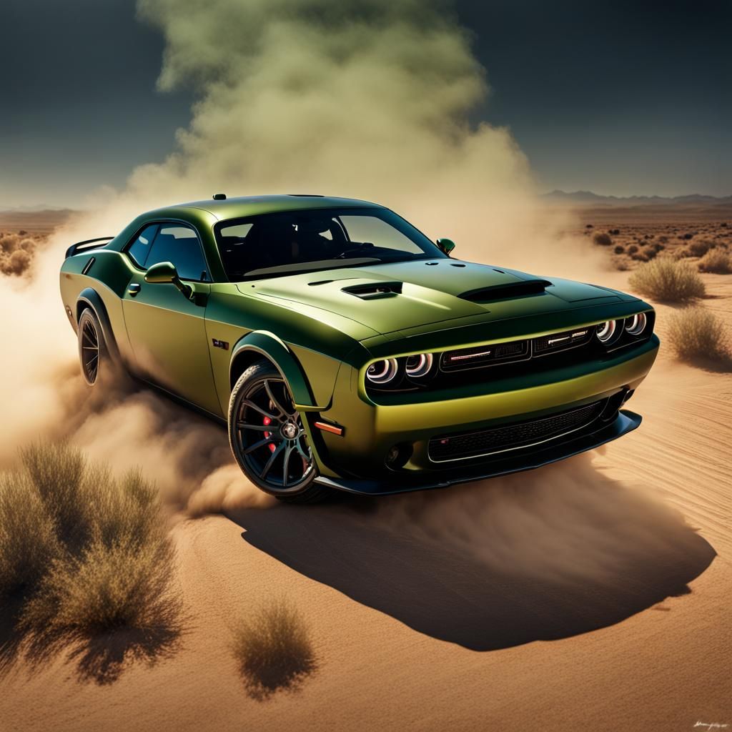 Olive Green Dodge Challenger Hellcat in Desert