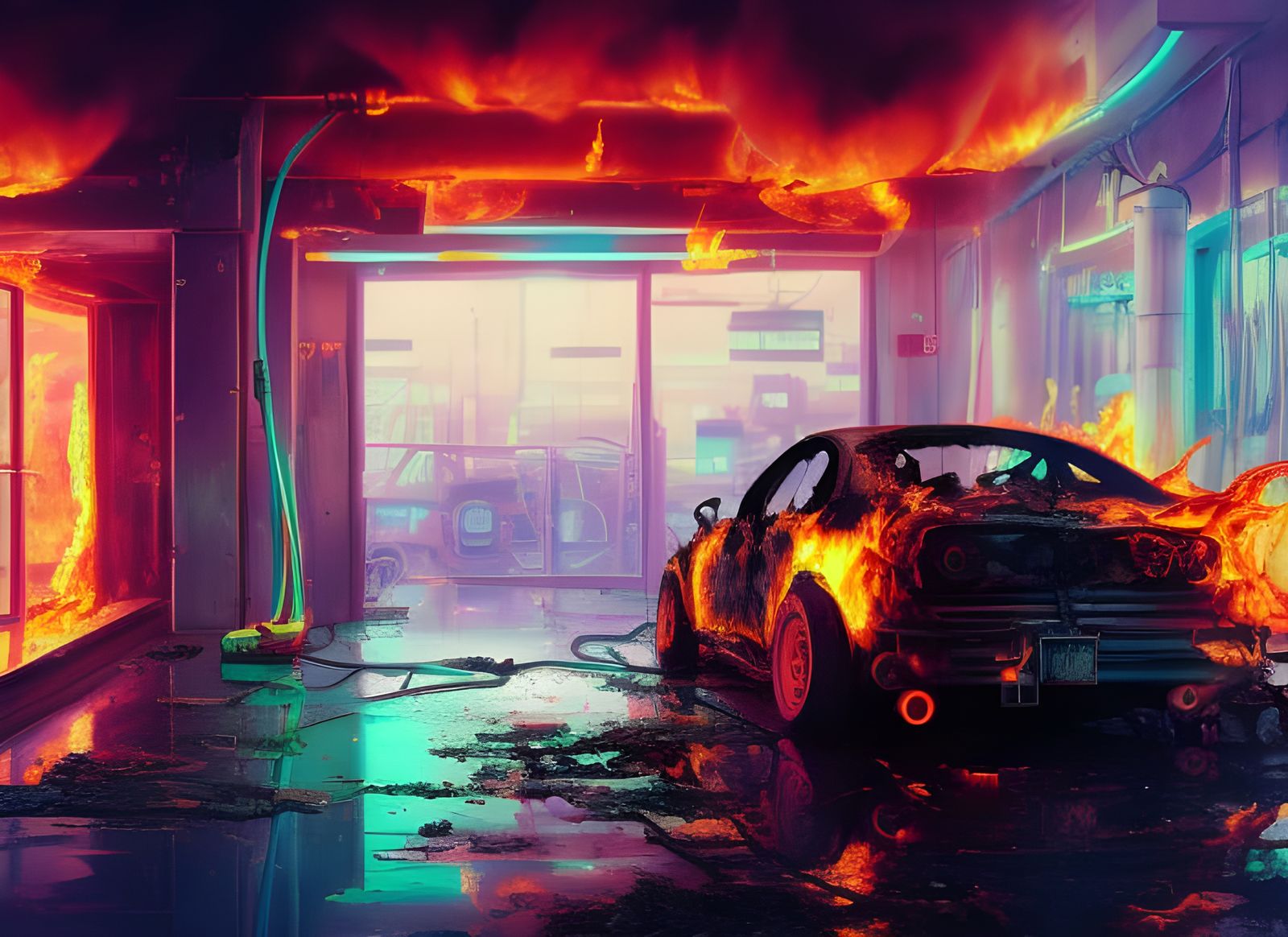 Burning Car in Neon Laboratory: Cyberpunk Concept Art