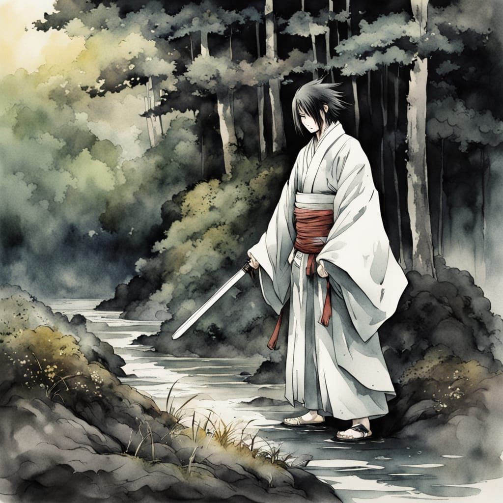 Sasuke Uchiha in Mystical Forest, Ink and Watercolor Manga A...