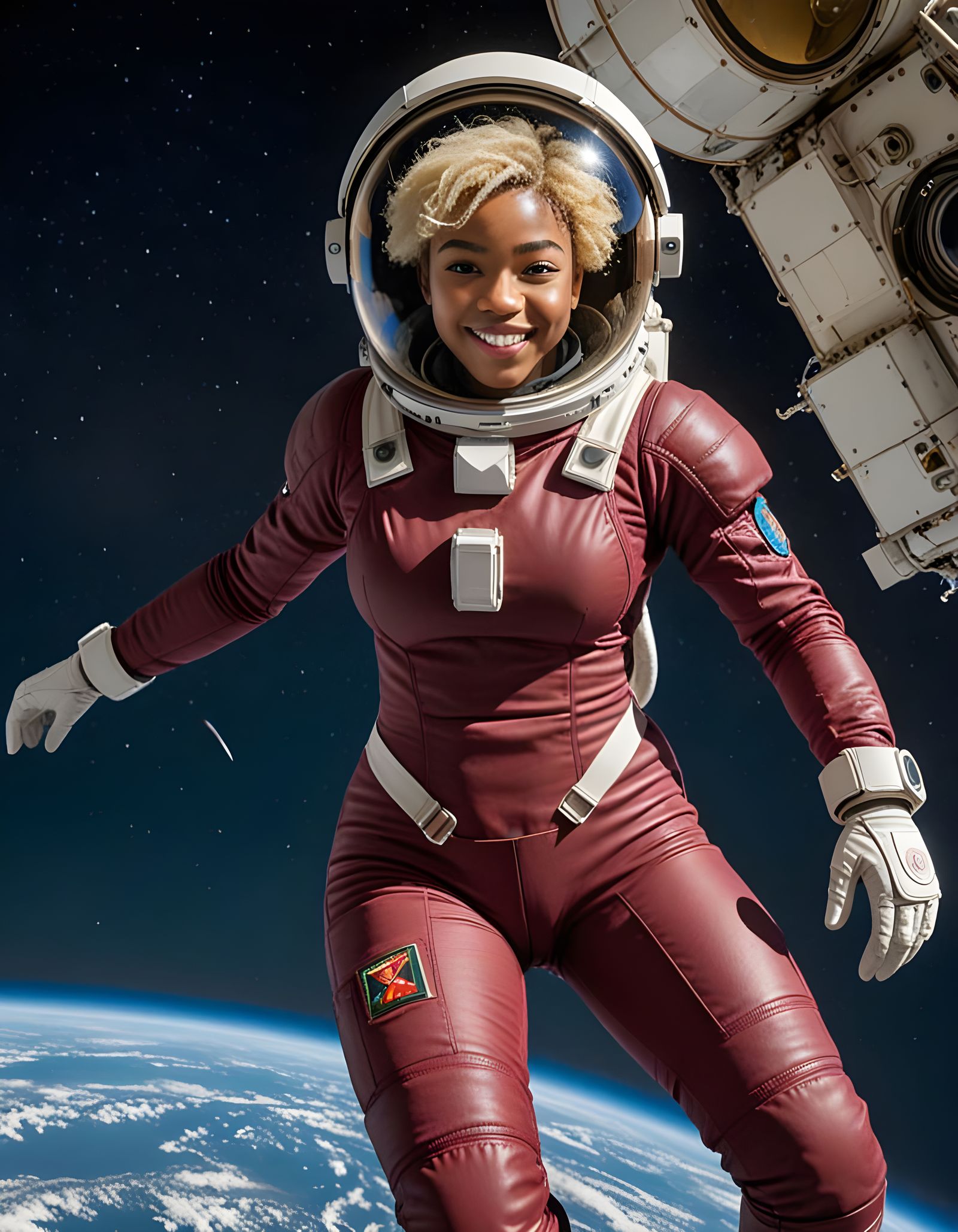Burgundy Spacesuit Astronaut Smiling in Orbit