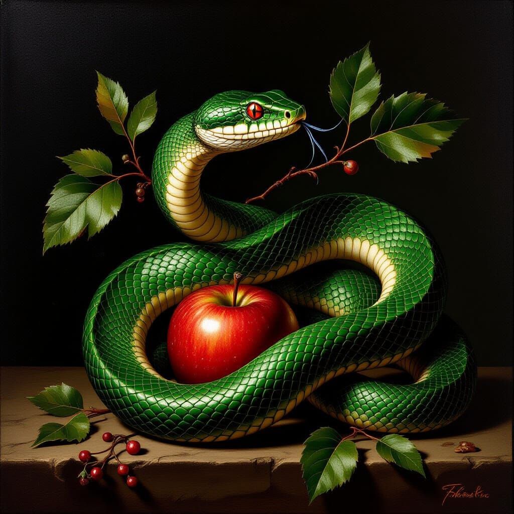 Serpent and Apple Still Life in Flemish Baroque Style