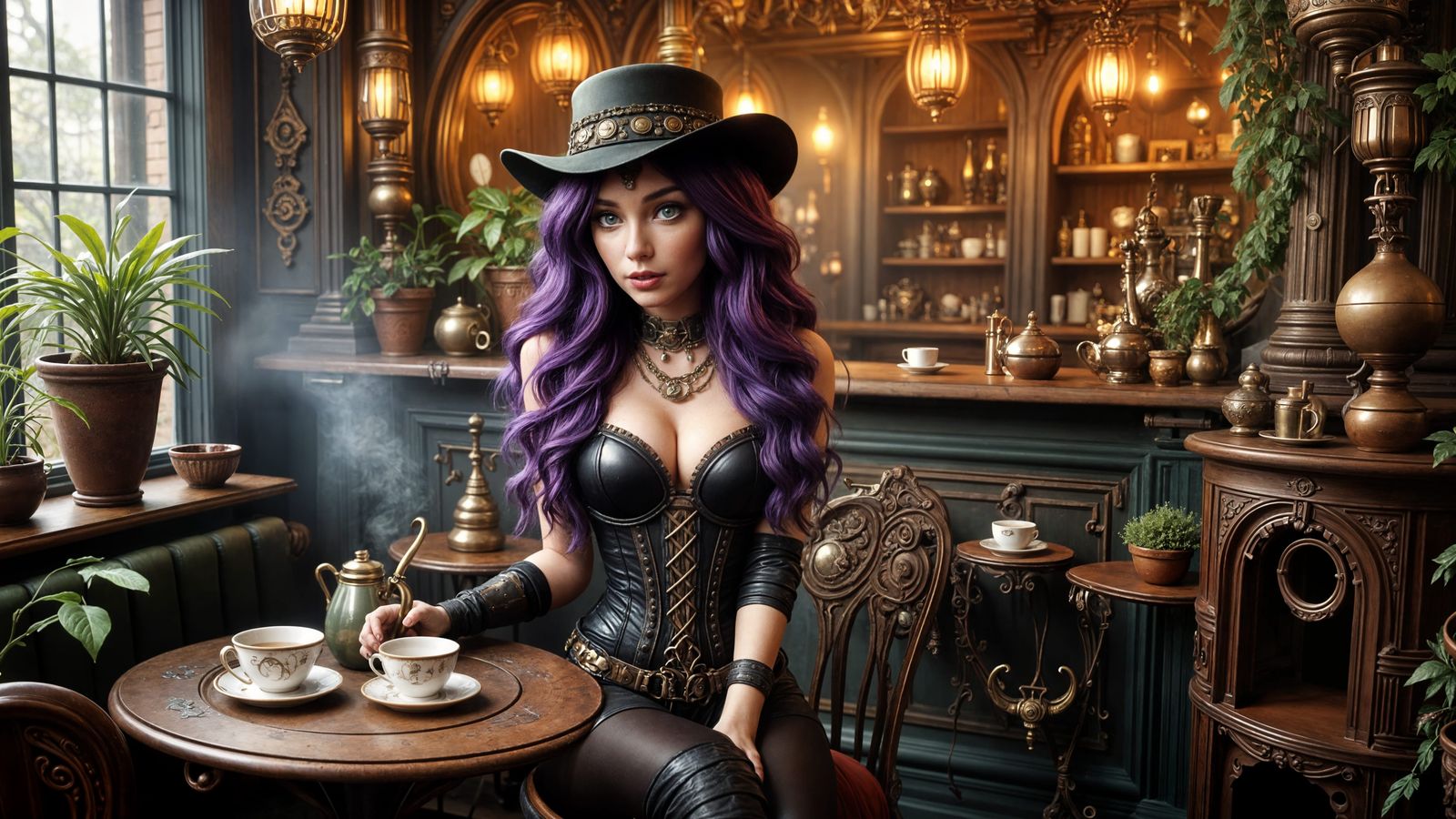 Steampunk Adventurer in Cozy Cafe