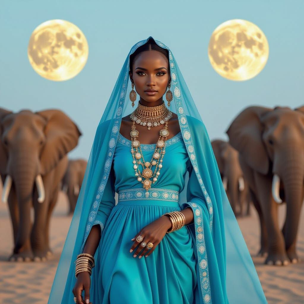A Somalian woman in blue dress with elephants and  two Suns ...