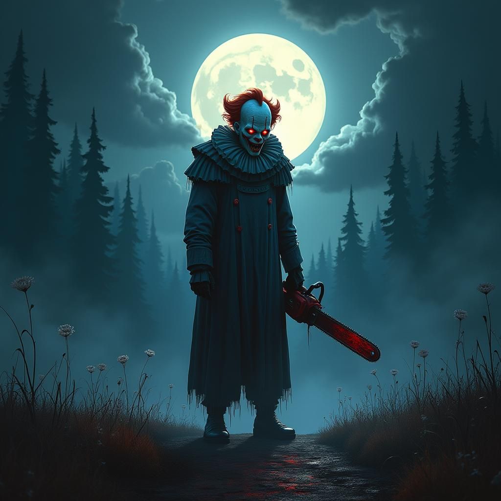 Ominous PsychoKlown with Chainsaw in Mystical Night