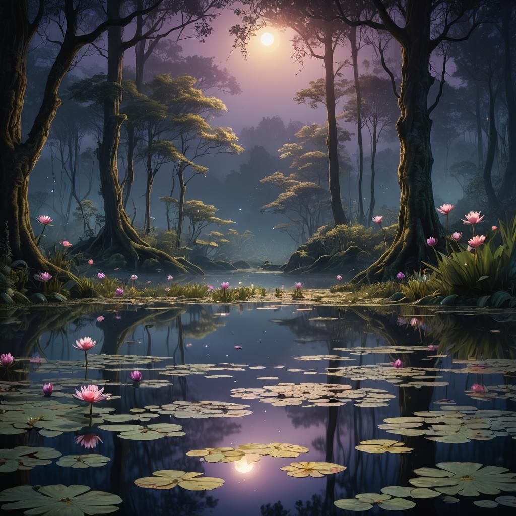 Moonlit Pond Reflected in Forest: Fantasy Concept Art