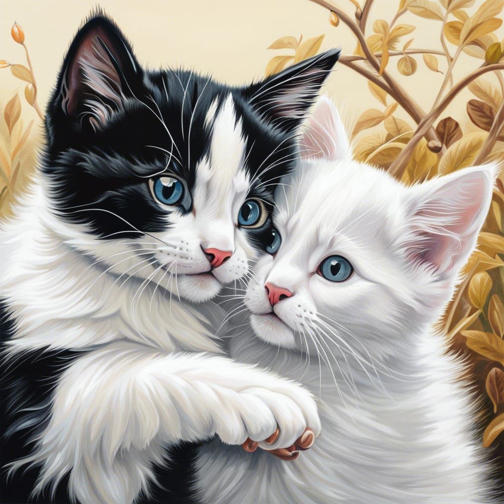 Playful Kittens in Detailed Gouache Painting