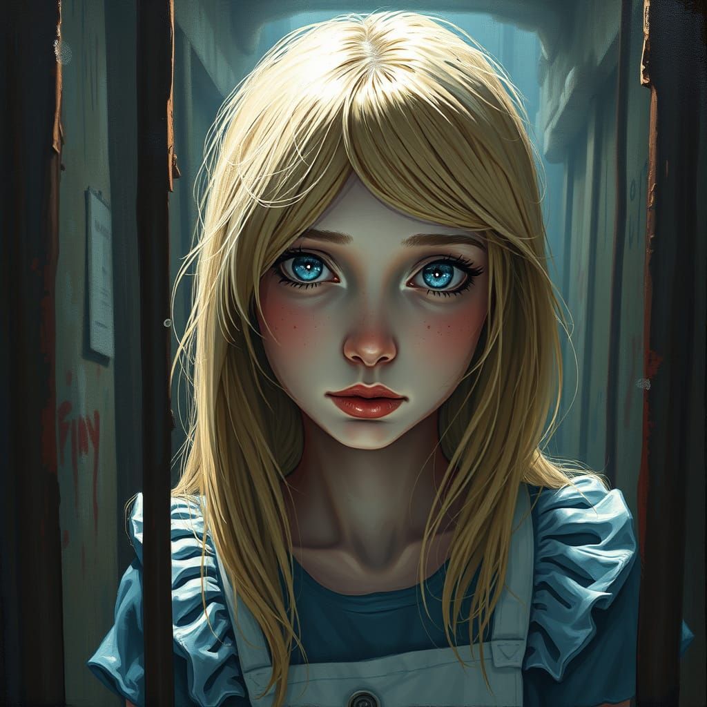 Alice Trapped in a Dimly Lit Asylum Prison