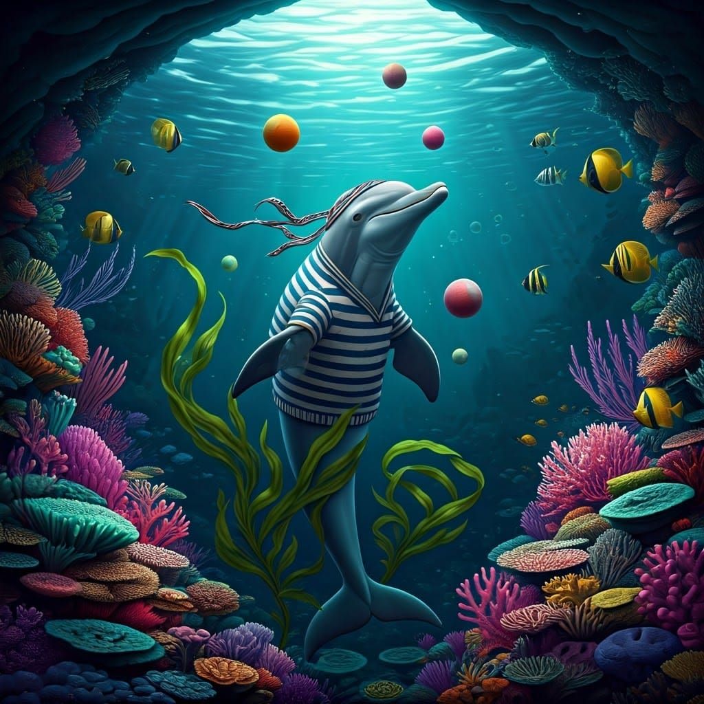 Dolphin Juggling Petanque Balls in Coral Reef