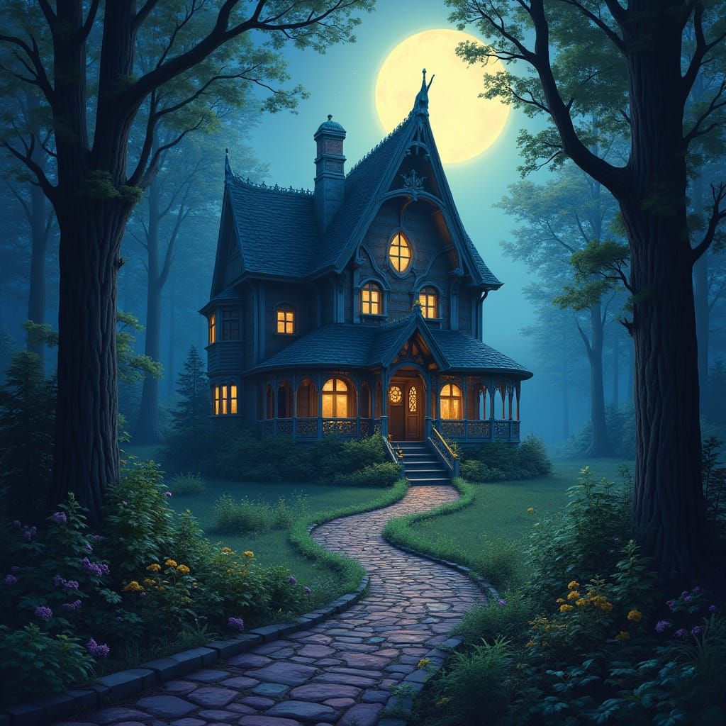 Mysterious House at Forest Path in Matte Painting