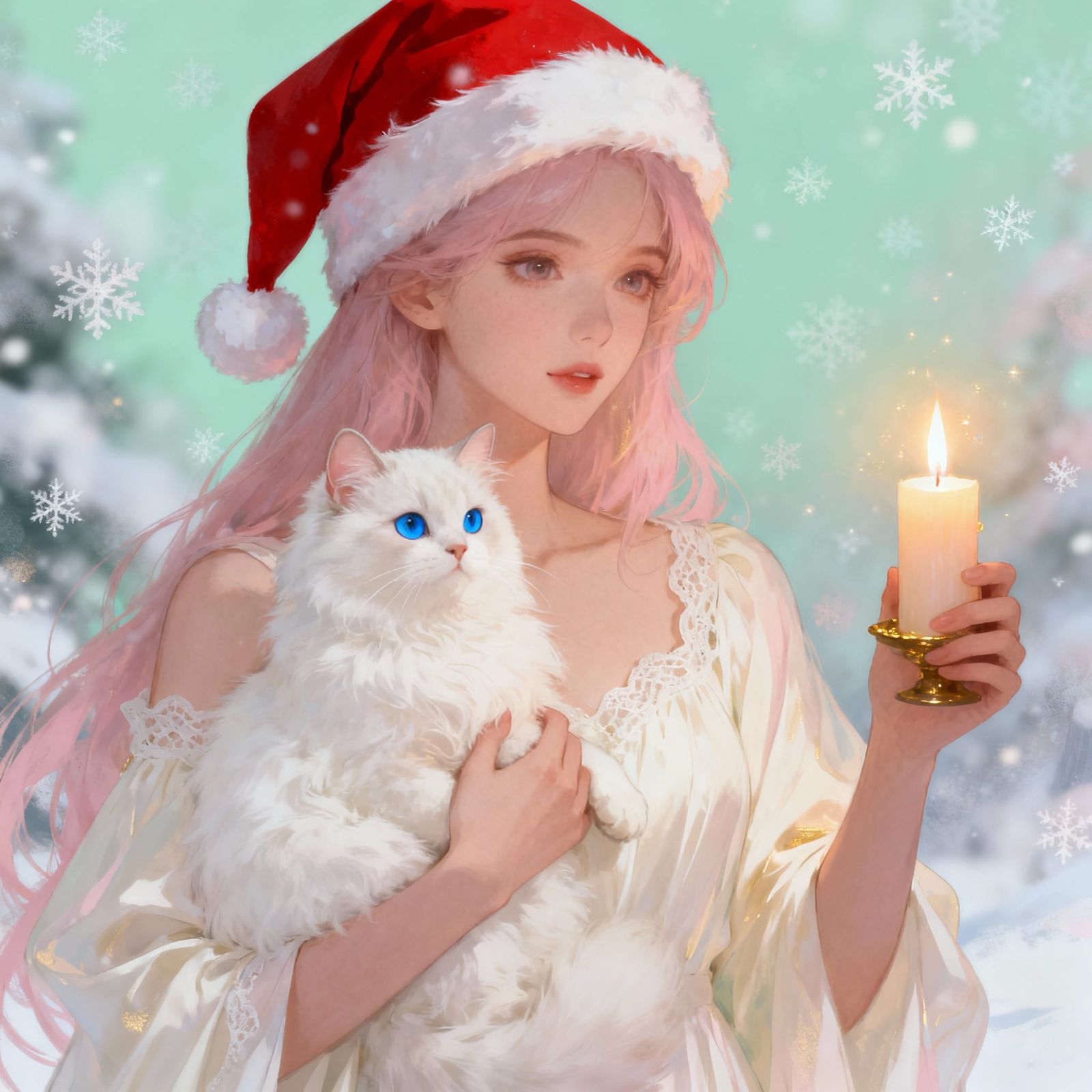 Beautiful Women in Santa Hats with Cats and Candles