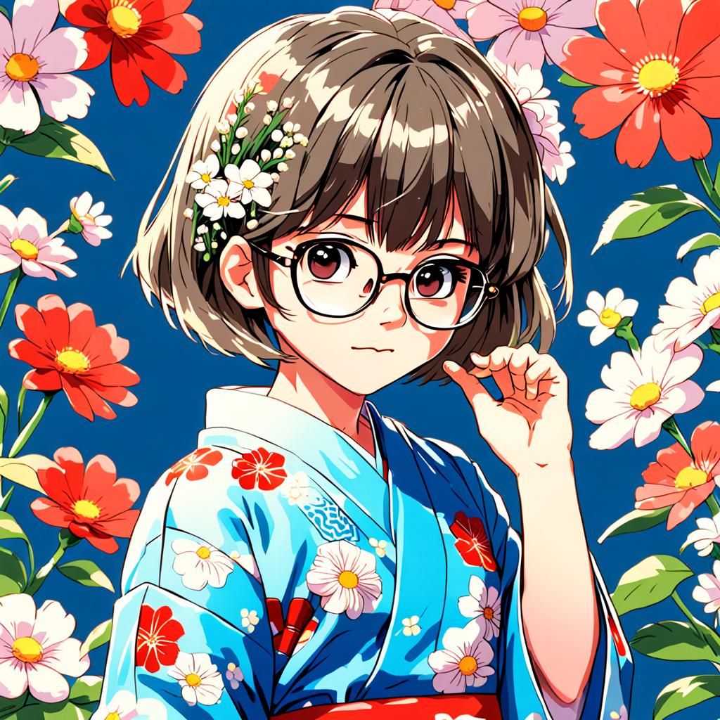 Anime Woman in Yukata with Flowers, 80s Style