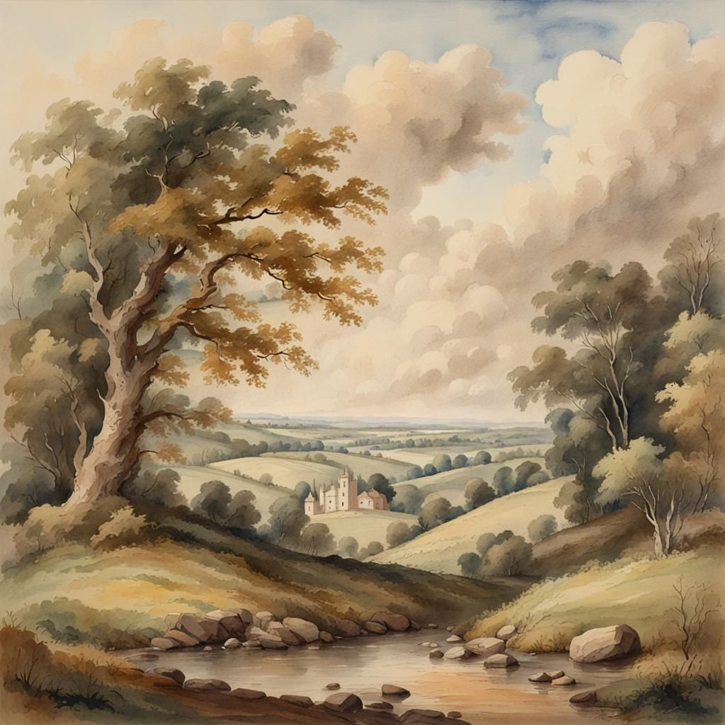 English Landscape in Gainsborough Watercolour Style