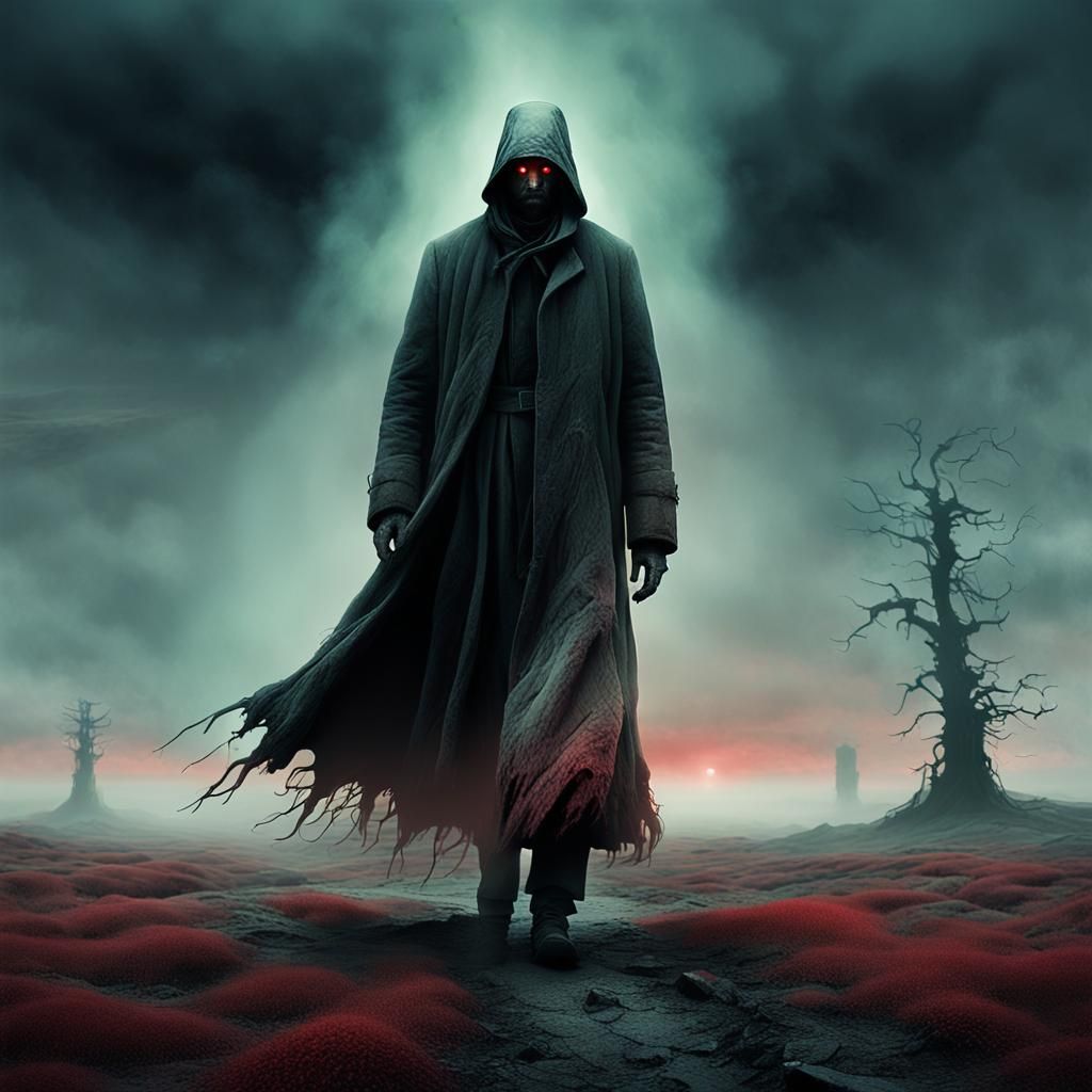 Dark Surrealism: Figure in Misty Landscape