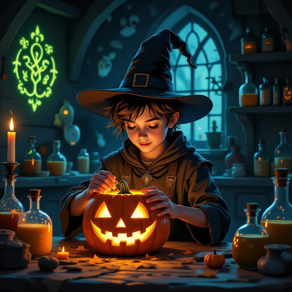 Apprentice Carves Jack-o'-Lantern in Witch's Workshop