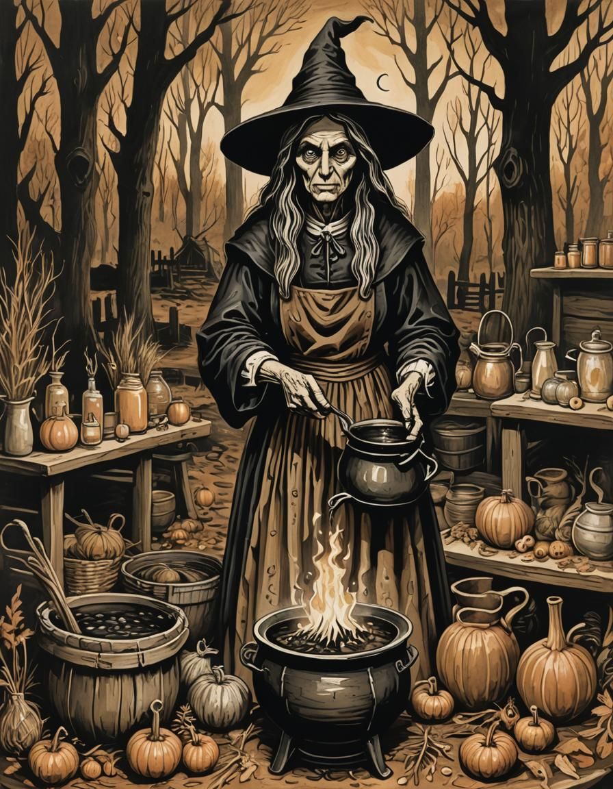 Eerie Puritan Witch in Kitchen, Gouache Woodcut