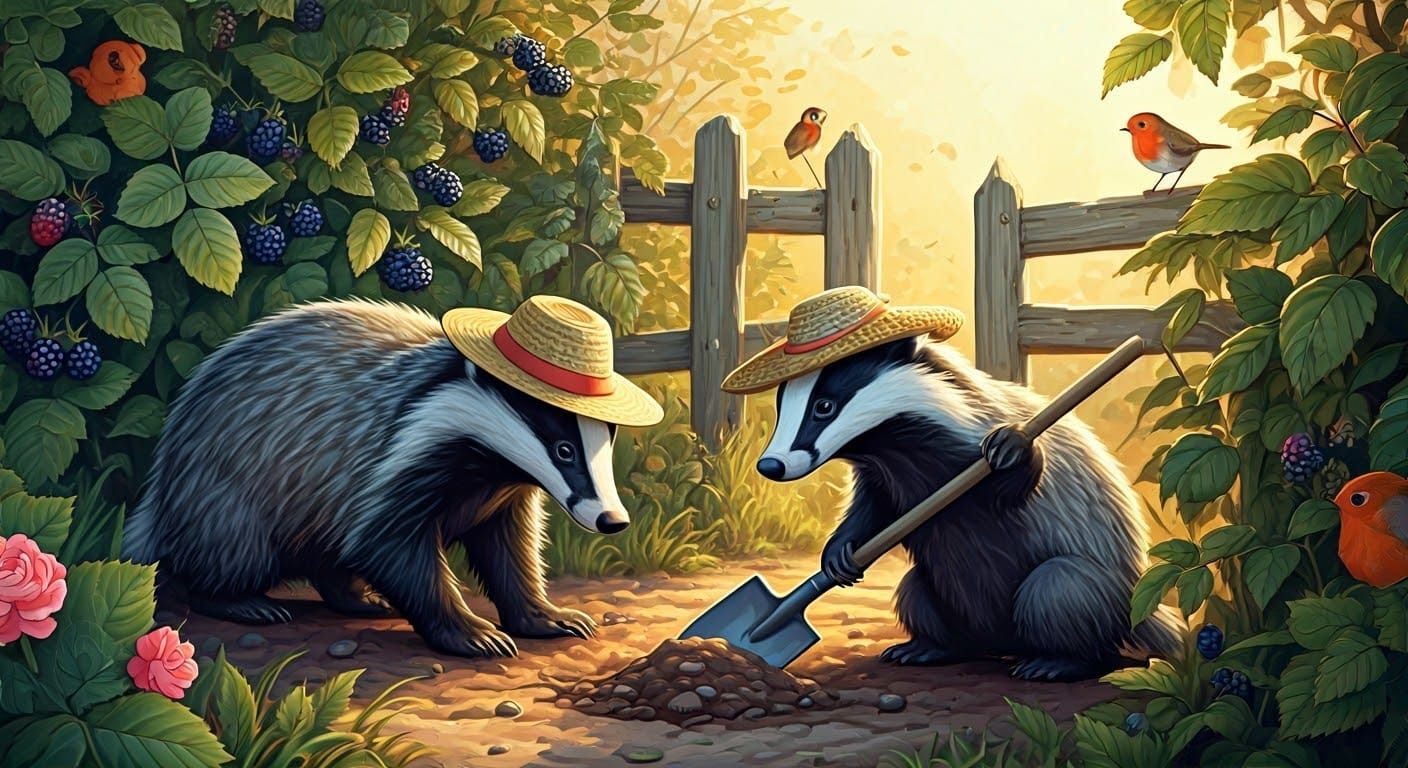 Badgers Digging Home, Watercolor Illustration