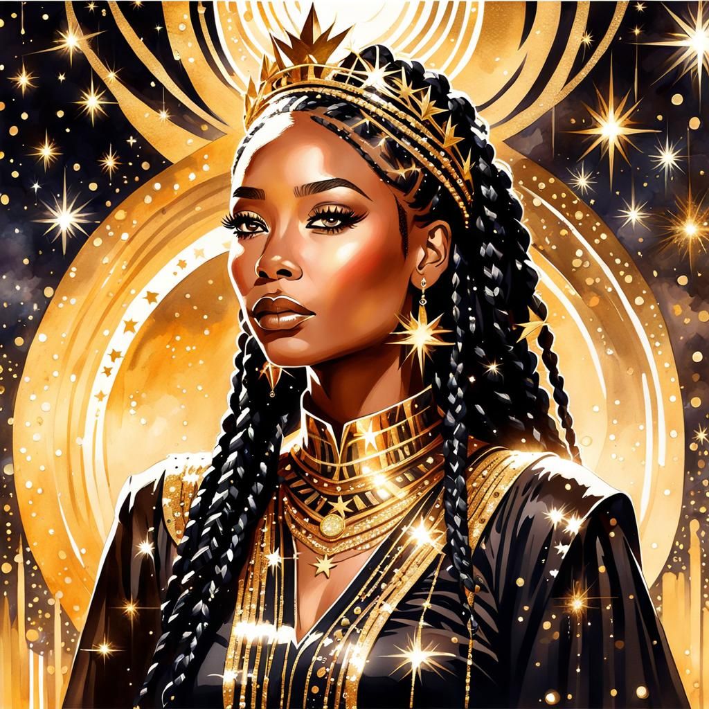 Ethereal Portrait of a Queen with Braids in Watercolor