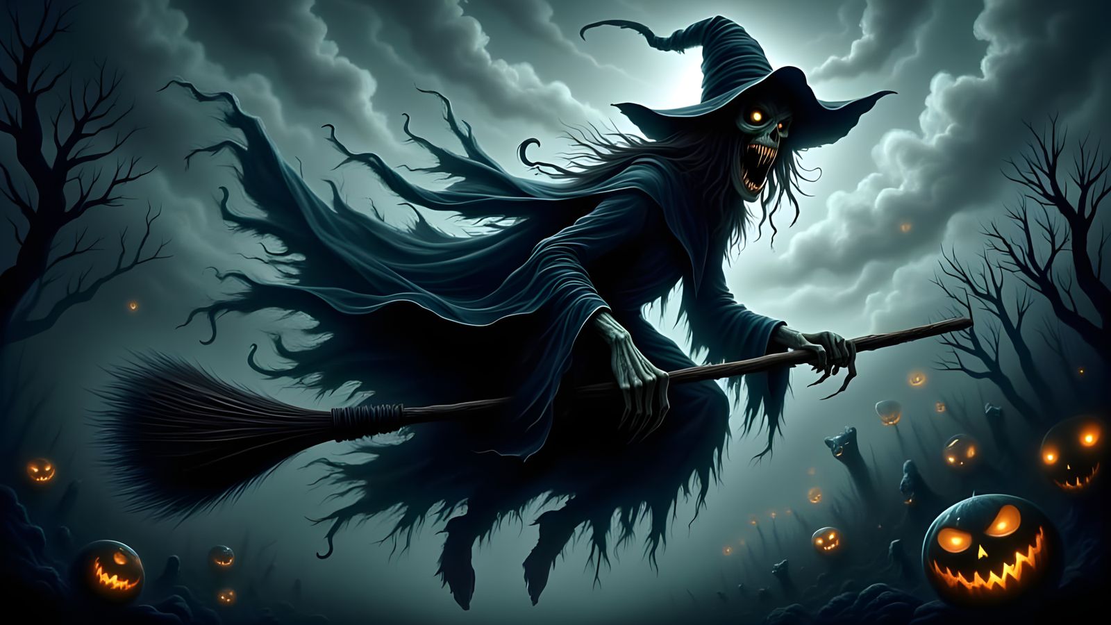 Frightening Witch Flying Over Haunted Forest