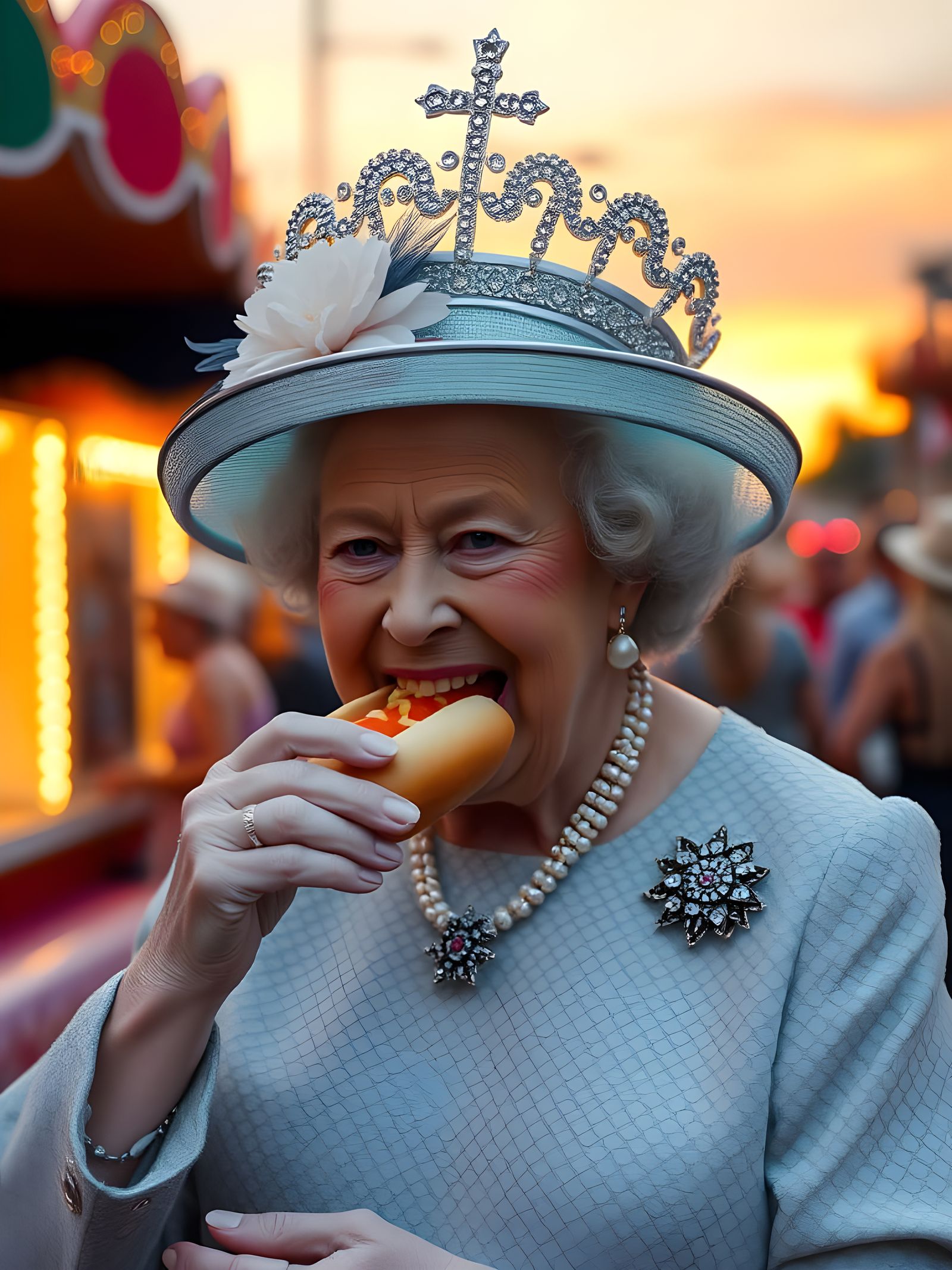 Royal Hotdog Moment in Vibrant Carnival Sunset