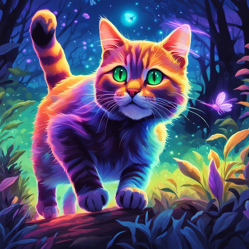 Cat Chasing Firefly with Neon Illumination