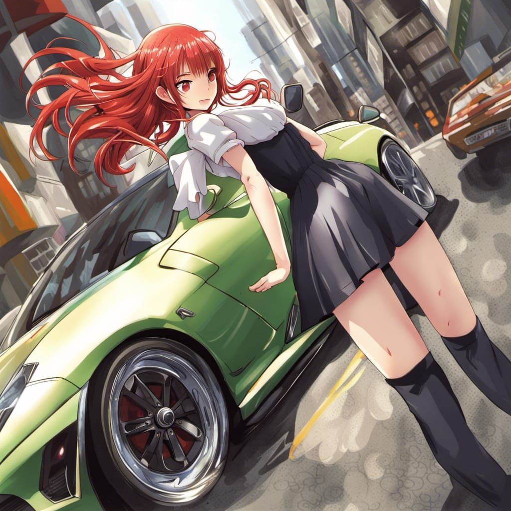 Anime Girl with Red Hair and Supercar