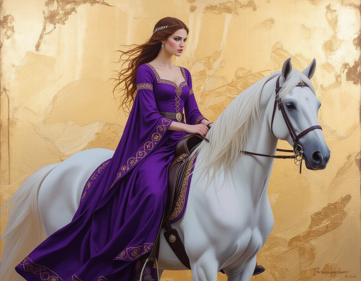 Celtic Princess on White Horse in Mystical Medieval Scene