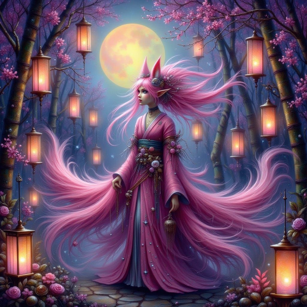 Ethereal Kitsune in Moonlit Japanese Garden